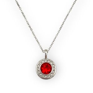 Swarovski Crystal Halo Red Pendant Necklace Rhodium Overlay